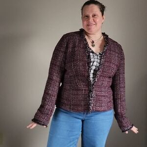 White House Black Market Burgundy Black Peplum Fringe Tweed Blazer Sz 14